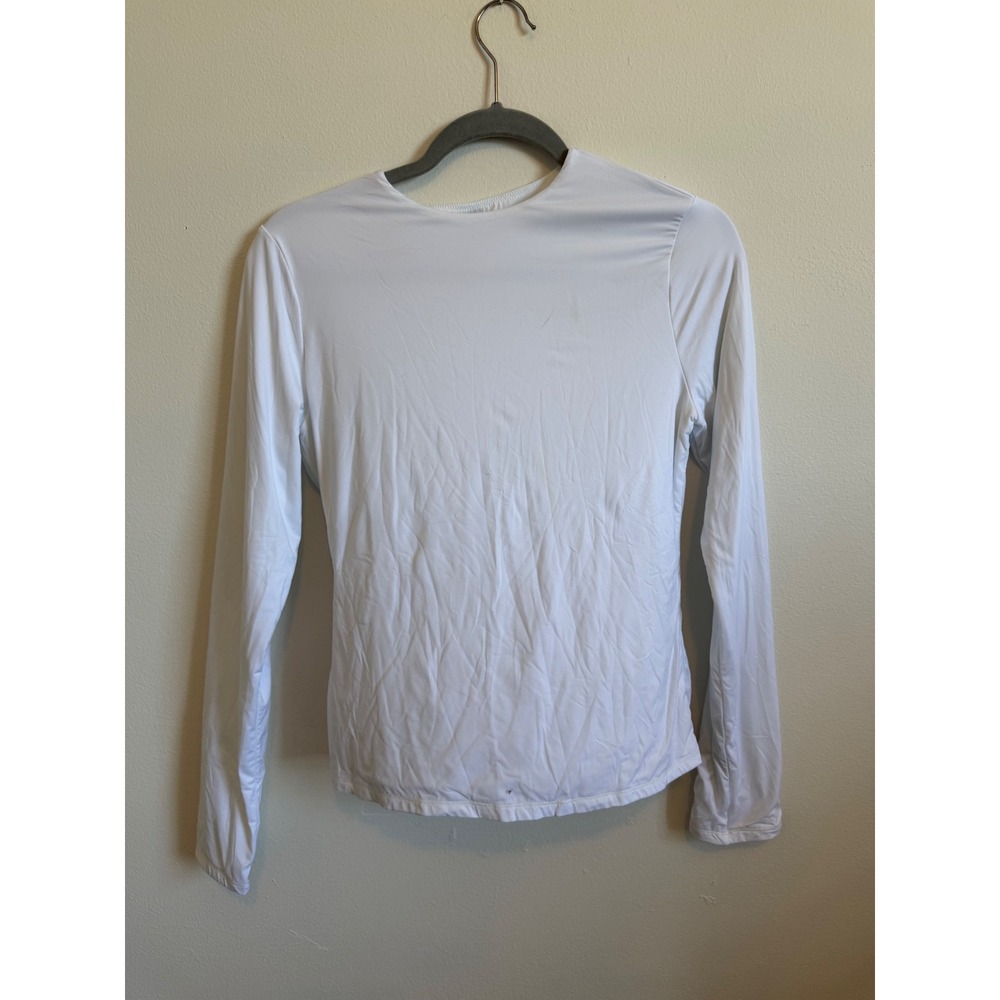 MangoPop Women White Long Sleeve Crew Neck Stretch Base Layer Top Size Large